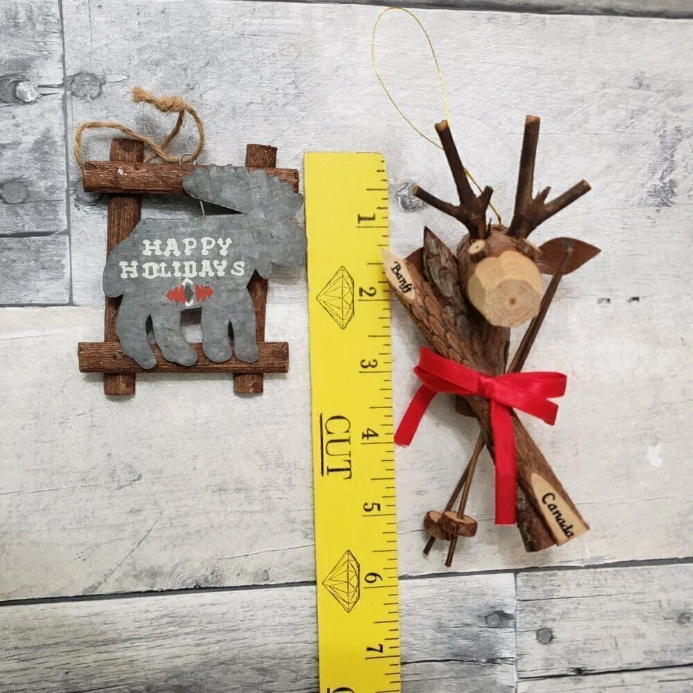 Wood and Metal Happy Holiday Moose and Deer Christmas Ornaments